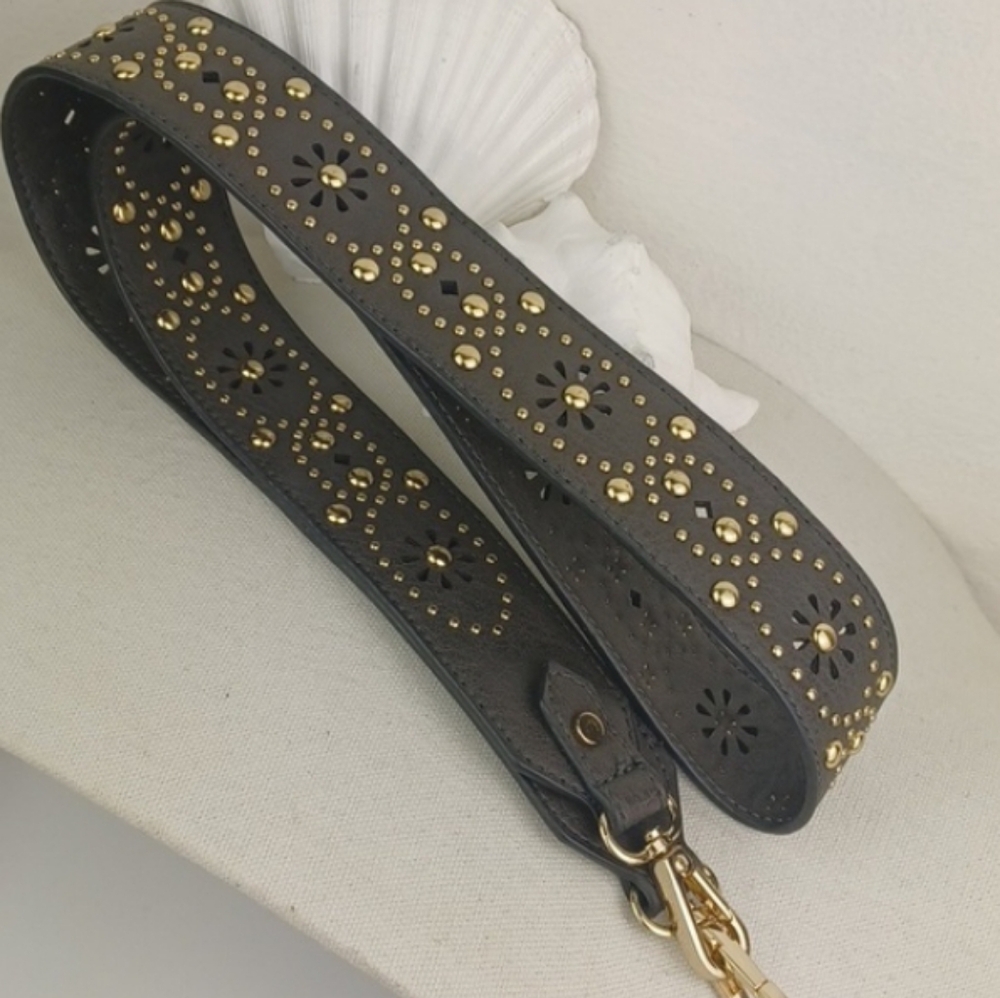 Brown Leather-Like Gold Studded Design & Hardware Crossbody Auxiliary Strap
